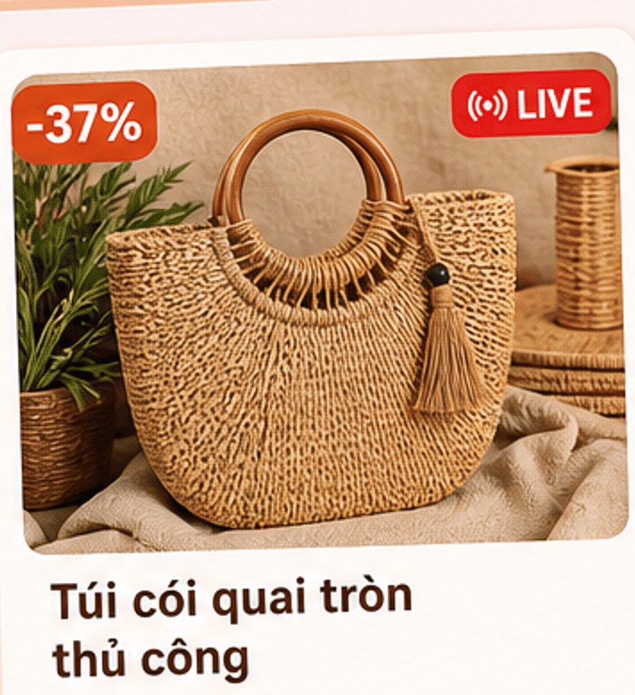 Túi cói quai tròn thủ công, giảm 37%, nhãn LIVE