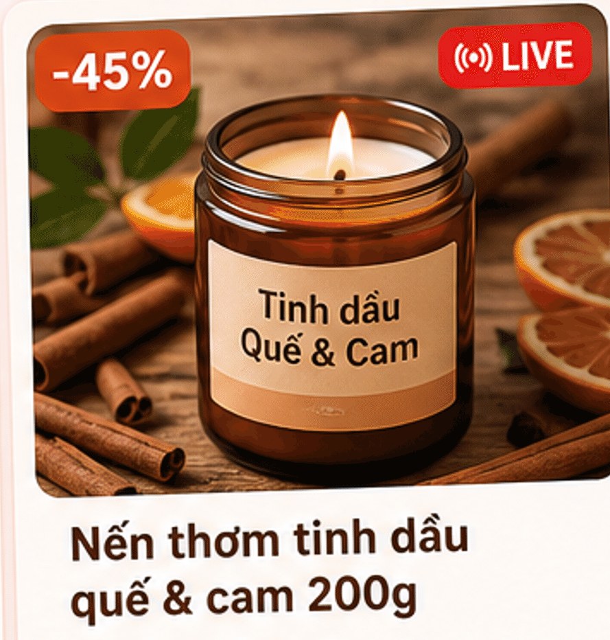 Nến thơm tinh dầu quế và cam 200g, giảm 45%, nhãn LIVE