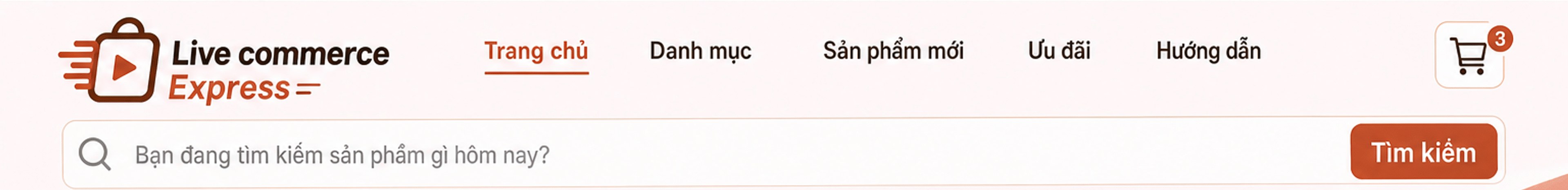 Live commerce Express; menu Trang chủ, Danh mục, Sản phẩm mới, Ưu đãi, Hướng dẫn; giỏ hàng; ô tìm kiếm sản phẩm