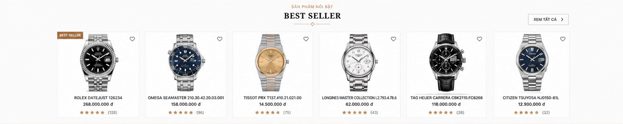 Best Seller: Rolex Datejust 126234 268.000.000đ; Omega Seamaster 210.30.42.20.03.001 158.000.000đ; Tissot PRX T137.410.21.021.00 14.500.000đ; Longines Master Collection 62.000.000đ; TAG Heuer Carrera CBK2110.FC6266 118.000.000đ; Citizen Tsuyosa NJ0150-81L 12.900.000đ; nút Xem tất cả