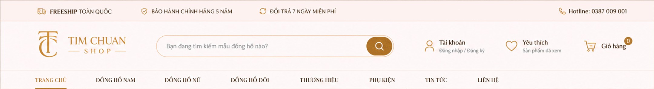 Thanh tiện ích freeship, bảo hành 5 năm, đổi trả 7 ngày; logo Tim Chuan Shop, ô tìm kiếm, tài khoản, yêu thích, giỏ hàng; menu Trang chủ, Đồng hồ nam, nữ, đôi, Thương hiệu, Phụ kiện, Tin tức, Liên hệ