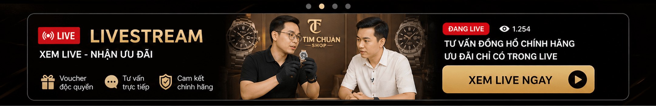 Livestream – xem live nhận ưu đãi: voucher độc quyền, tư vấn trực tiếp, cam kết chính hãng; nút Xem live ngay