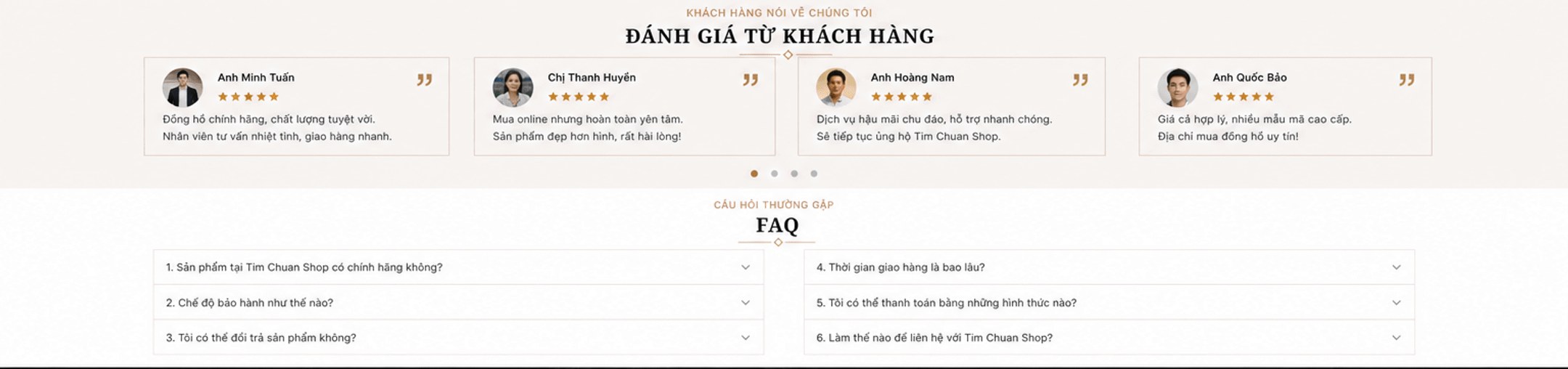 Đánh giá từ khách hàng (Minh Tuấn, Thanh Huyền, Hoàng Nam, Quốc Bảo) và câu hỏi thường gặp FAQ về chính hãng, bảo hành, đổi trả, giao hàng, thanh toán