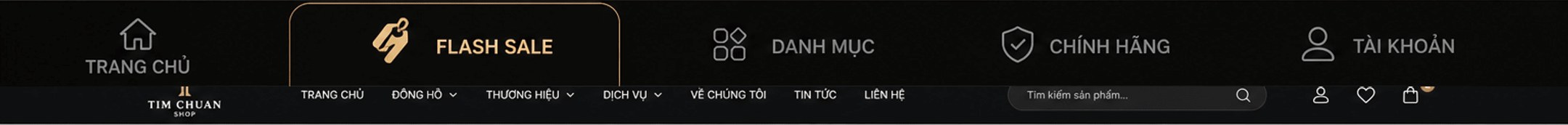 Thanh điều hướng: Trang chủ, Flash Sale, Danh mục, Chính hãng, Tài khoản; header Tim Chuan Shop với menu Trang chủ, Đồng hồ, Thương hiệu, Dịch vụ, Về chúng tôi, Tin tức, Liên hệ và ô tìm kiếm