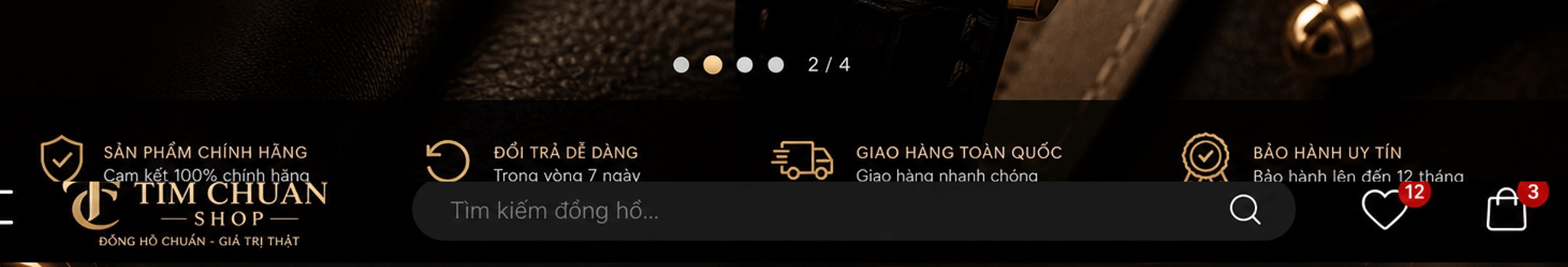 Chỉ báo slide 2/4; sản phẩm chính hãng, đổi trả dễ dàng, giao hàng toàn quốc, bảo hành uy tín; menu, logo Tim Chuan Shop, ô tìm kiếm đồng hồ, yêu thích, giỏ hàng