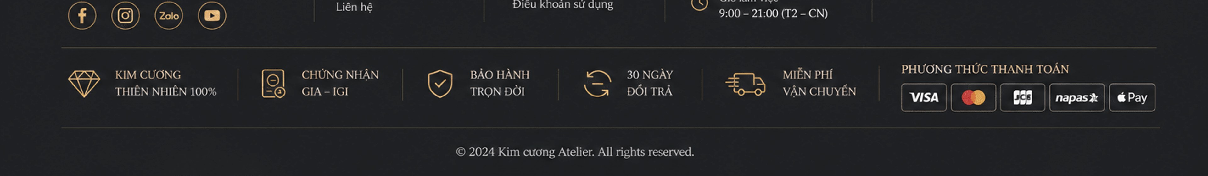 Kim cương thiên nhiên 100%, chứng nhận GIA – IGI, bảo hành trọn đời, 30 ngày đổi trả, miễn phí vận chuyển, phương thức thanh toán; © 2024 Kim cương Atelier
