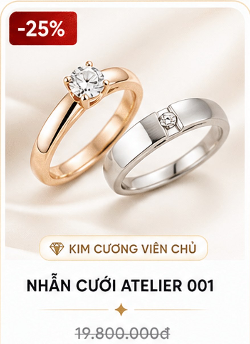 -25% Nhẫn cưới Atelier 001 – Kim cương viên chủ