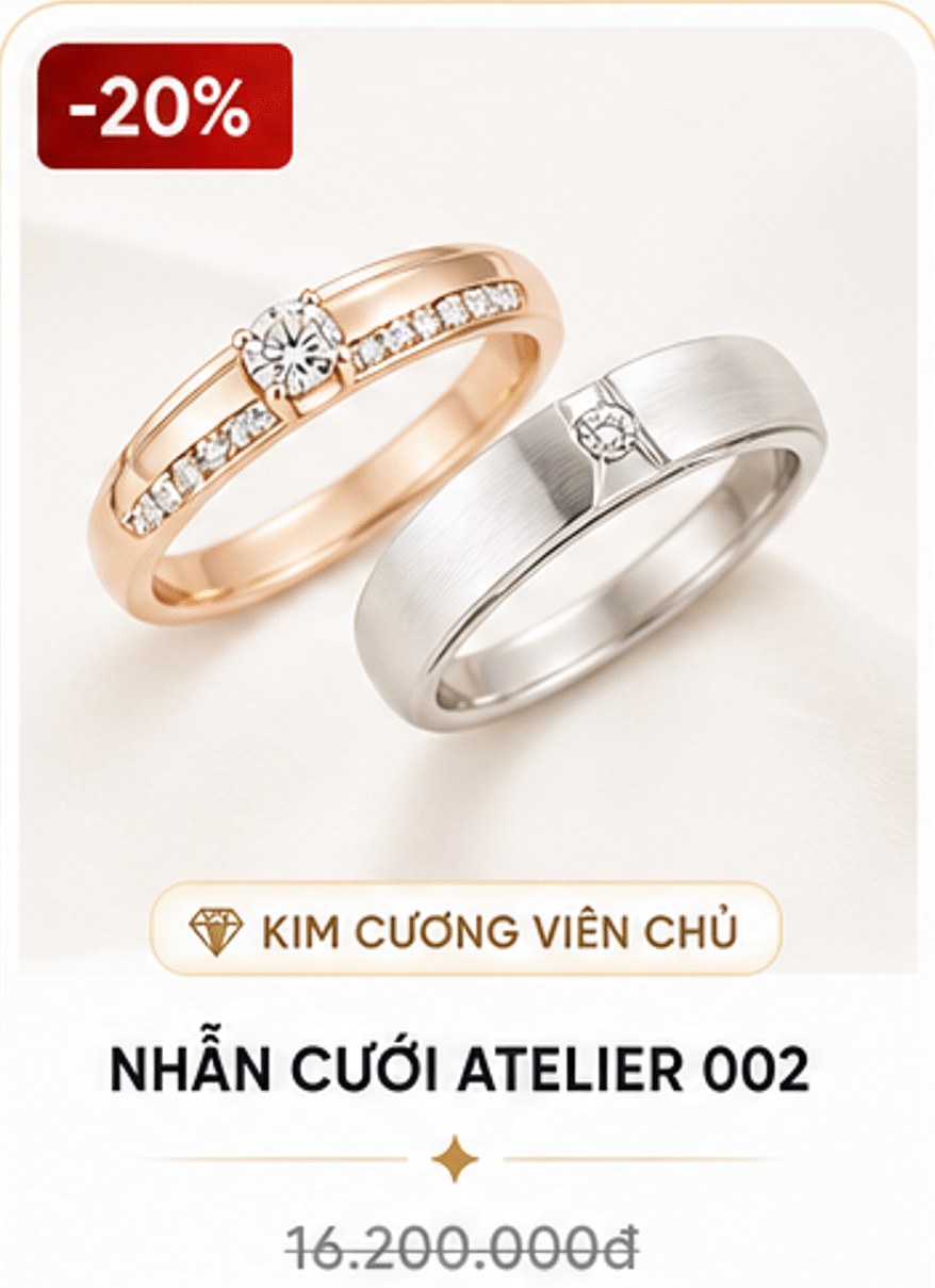 -20% Nhẫn cưới Atelier 002 – Kim cương viên chủ