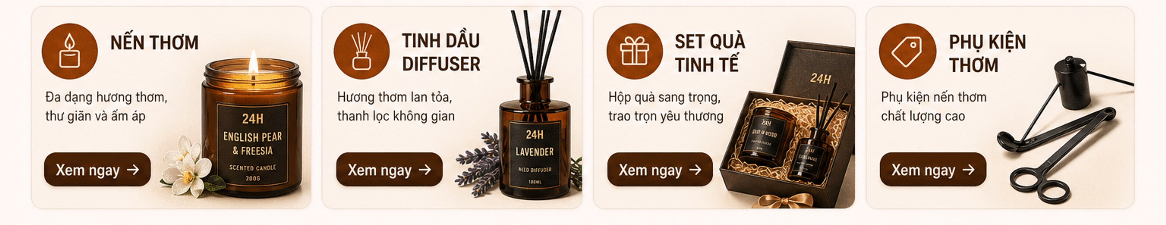 Danh mục: Nến thơm, Tinh dầu diffuser, Set quà tinh tế, Phụ kiện thơm – Xem ngay