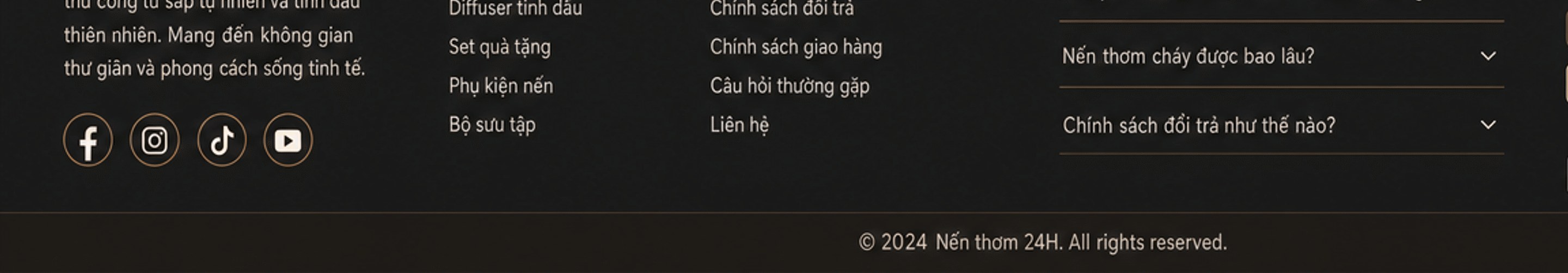 Chân trang: liên kết mạng xã hội, danh mục, hỗ trợ khách hàng, câu hỏi thường gặp; bản quyền 2024 Nến thơm 24H