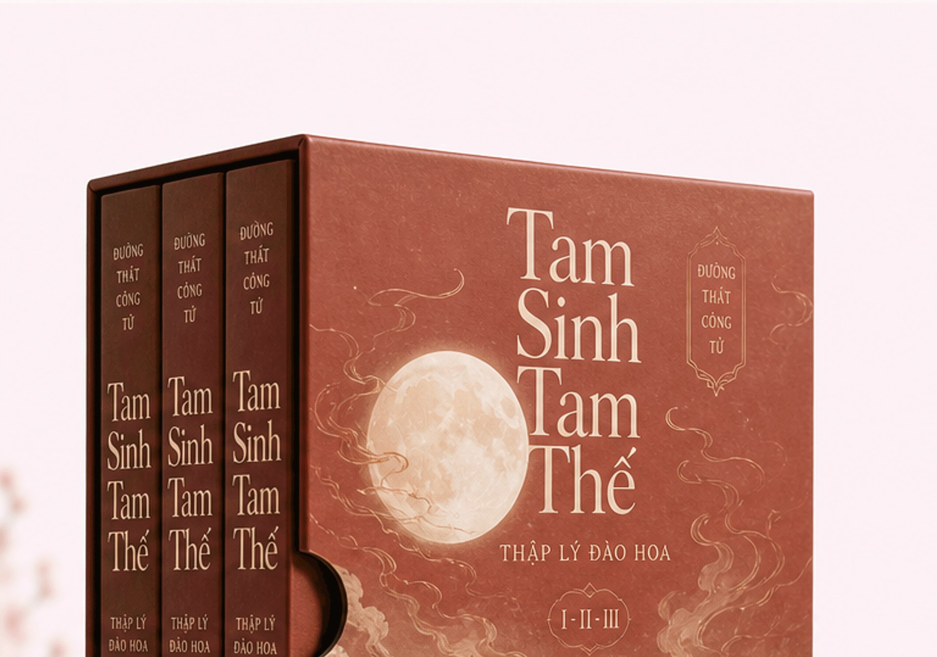 Hộp sách Tam Sinh Tam Thế – Thập Lý Đào Hoa bộ 3 tập và cành hoa đào