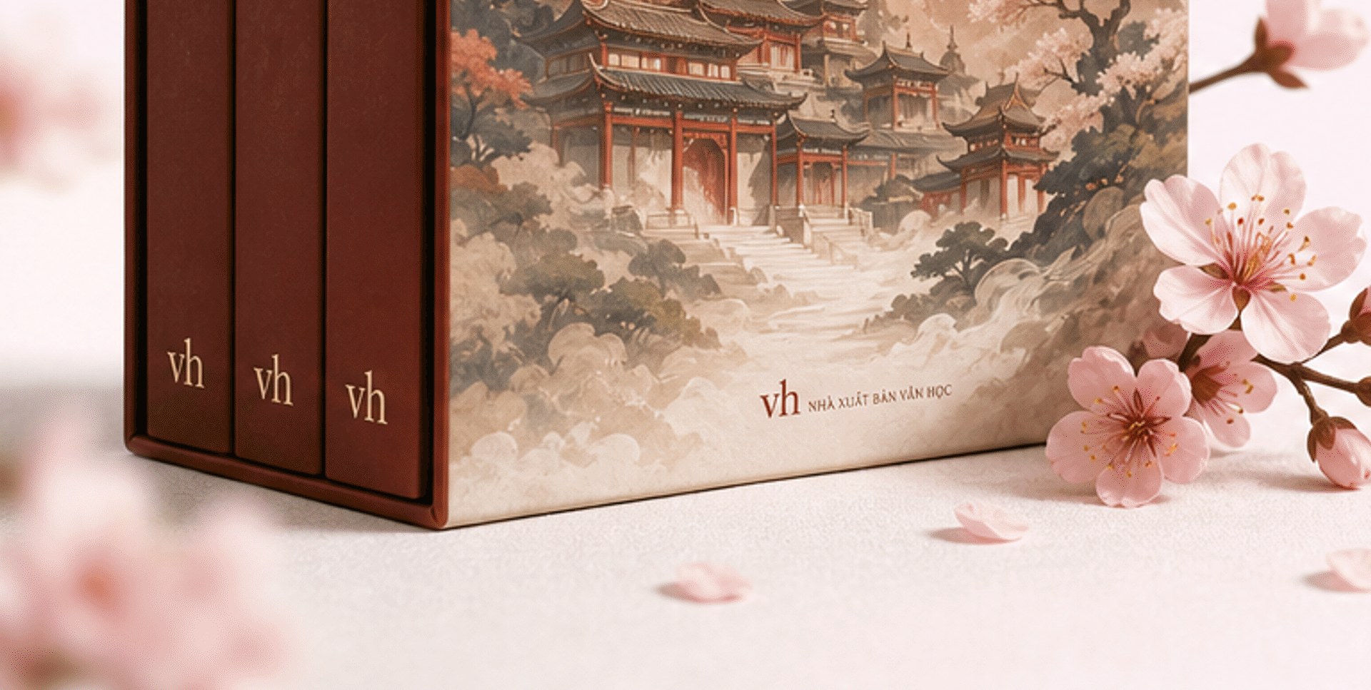 Hộp sách Tam Sinh Tam Thế (phần dưới) và nền hoa đào