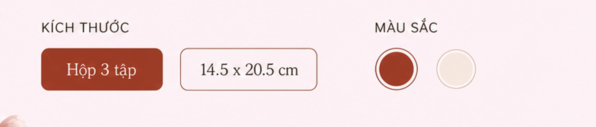 Kích thước: Hộp 3 tập, 14.5 x 20.5 cm; Màu sắc: nâu đỏ, kem