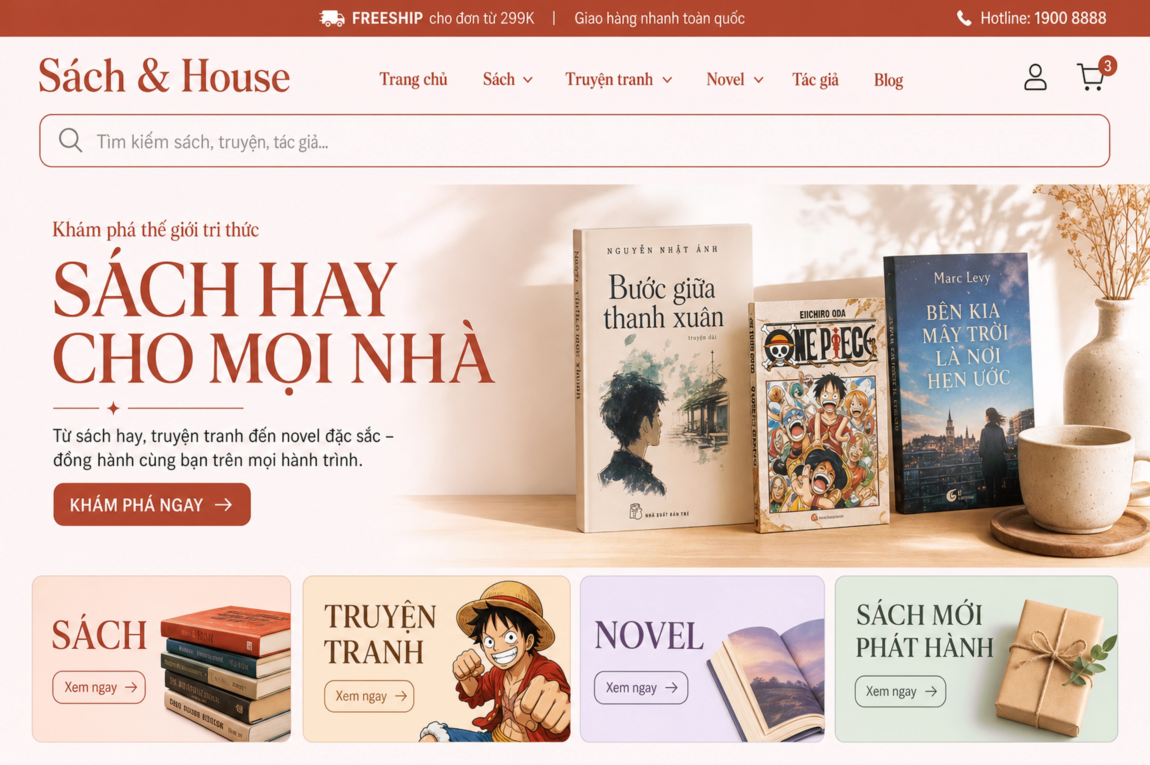 Sách & House: thanh Freeship cho đơn từ 299K, hotline 1900 8888; menu Trang chủ, Sách, Truyện tranh, Novel, Tác giả, Blog; ô tìm kiếm; banner "Sách hay cho mọi nhà" với nút Khám phá ngay; 4 danh mục Sách, Truyện tranh, Novel, Sách mới phát hành
