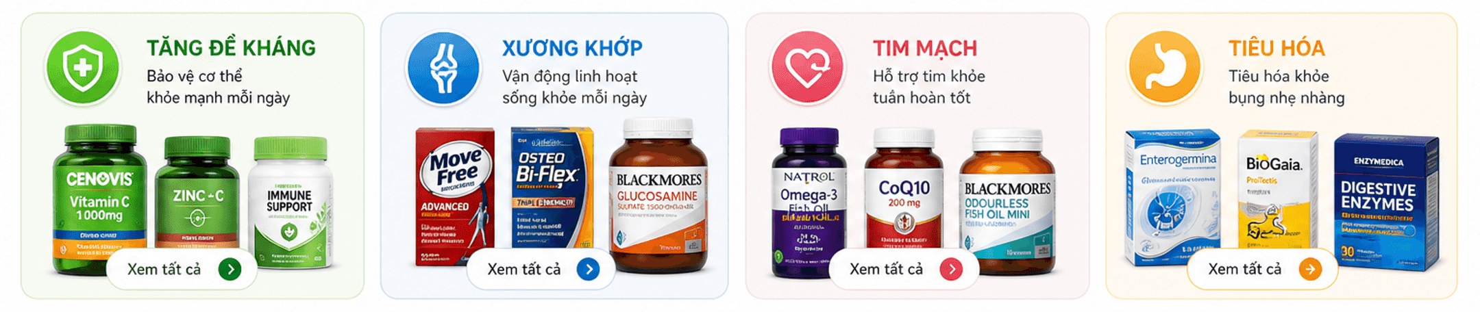 Bốn nhóm: Tăng đề kháng, Xương khớp, Tim mạch, Tiêu hóa – kèm nút Xem tất cả