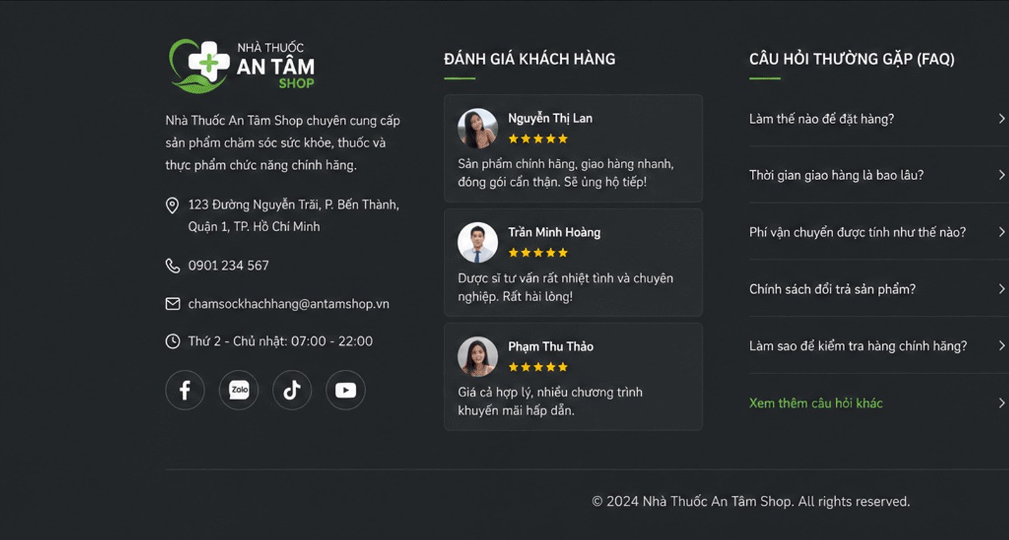 Chân trang: thông tin Nhà Thuốc An Tâm Shop, đánh giá khách hàng, câu hỏi thường gặp