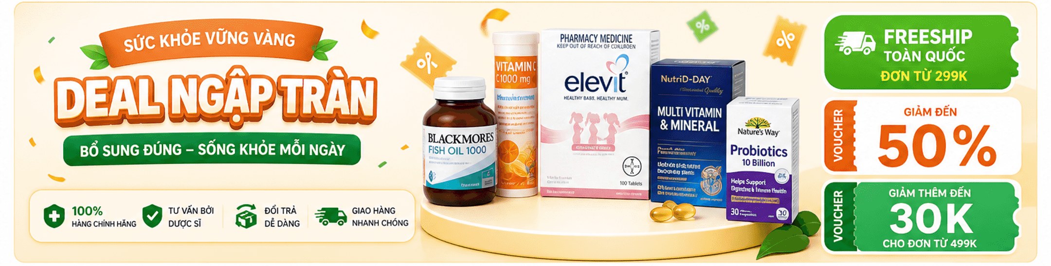 Deal ngập tràn – bổ sung đúng, sống khỏe mỗi ngày; freeship toàn quốc đơn từ 299K; voucher giảm đến 50% và 30K